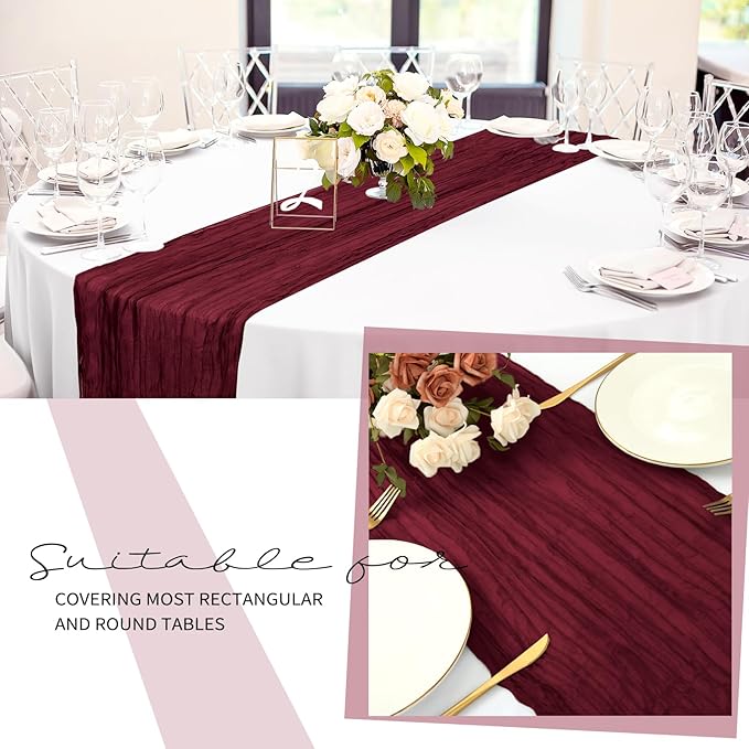 24 Pack Cheesecloth Table Runner 20 x 120 inch Cheese Cloth Table Runner Bulk,Romantic Boho Sheer Gauze Fabric Table Runners for Wedding Reception,Party,Bridal Shower Table Decor(Burgundy)