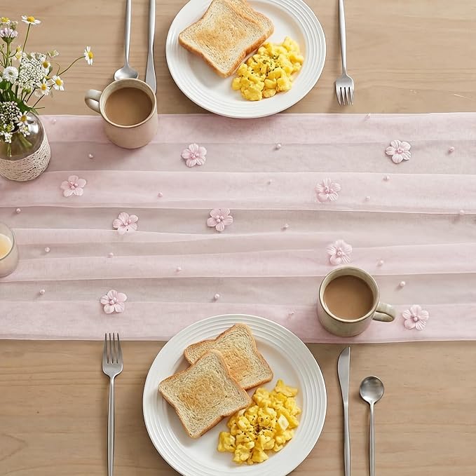 Artoid Mode Pink Flower Pearl Pink Gauze Table Runner 10FT 3PC, Seasonal Sheer Dining Holiday Wedding Birthday Baby Shower Table Decor for Home Party