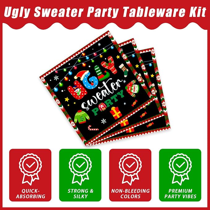 Kepeel 96Pcs Christmas Ugly Sweater Party Plates, Merry Christmas Party Decorations Supplies for Winter Holiday Xmas Family Gathering Birthday Party Disposable Tableware Set, Serves 24