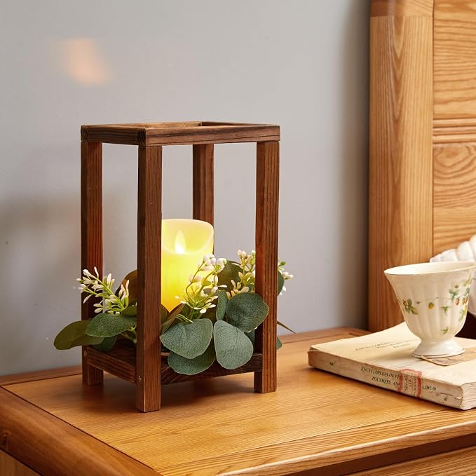 54 Pcs /18 Set Wooden Wedding Lantern Centerpiece-Wooden Candle Lantern Bulk Includes 18 Farmhouse Wooden Candle Holder 18 Flameless LED Candles 18 Eucalyptus Leaves Wreath for Decoration