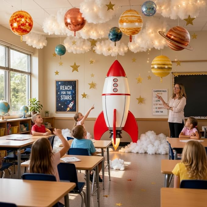 Thenshop Space Classroom Galaxy Decor for 2026 Vbs Ceiling Ornament, 34.45 x 70.87 inch Rocket Ship Backdrop Banner Solar Balloons LED Fairy Lights for Vacation Bible School Class Decor