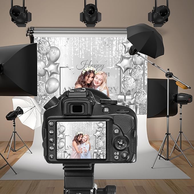 10x8ft Happy 25th Anniversary Backdrops for Photoshoot Silver Wedding Anniversary Decorations Wedding Ceremony Backdrops Photography for Celebration Party Banner Adults Props