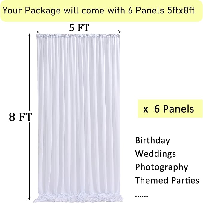 30ft x 8ft Wrinkle Free White Backdrop Curtains for Parties, 6 Panels Thick Polyester Photo Backdrop Drapes for Weddings Birthday Photography Background Curtains