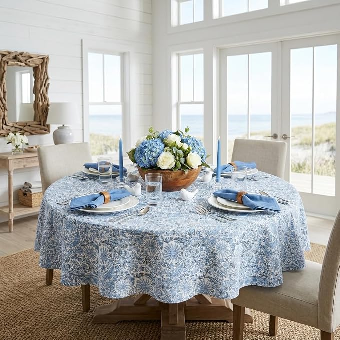 ATOSII Cotton Tablecloth 60" Inches Round Butterfly Blue