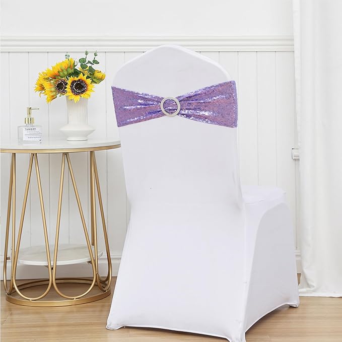 Sequin Lavender Chair Sashes for Wedding Decor, Light Purple Chair Bands with Buckles, Sequins Chair Bows Ties for Party Ceremony Event Christmas Decorations, 50 Pack