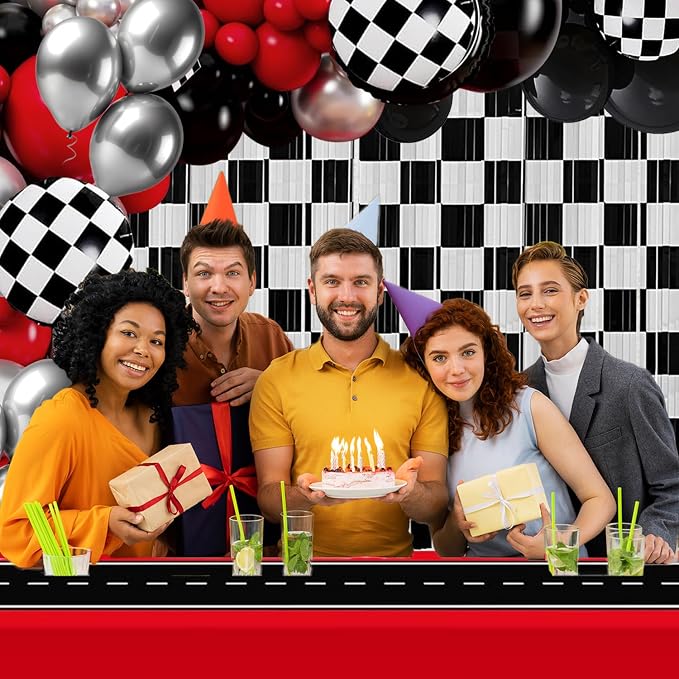 Race Car Balloon Garland Arch Kit Birthday Party Decorations, Black White Checkered Foil Fringe Curtains Backdrop Tinsel Streamer Photo Booth Props Racing One Happy Dude Party Decor Favors Supplies
