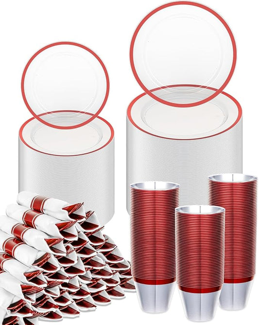 BESTVIP 700PCS Disposable Clear Red Dinnerware Sets for 100 Guests, Plastic Plates for Party, 200 Plastic Plates,100 Cups, 100 Pre-Rolled Napkins with Cutlery for Parties, Christmas, Wedding