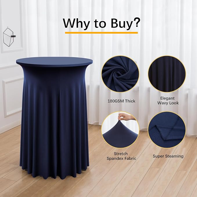 2 Pack Navy Blue Round High Top Spandex Table Cloth - 32x43 Inch, Wrinkle Free & Stretch, Perfect for Cocktail Party, Birthday, Baby Shower, Banquet, Bar