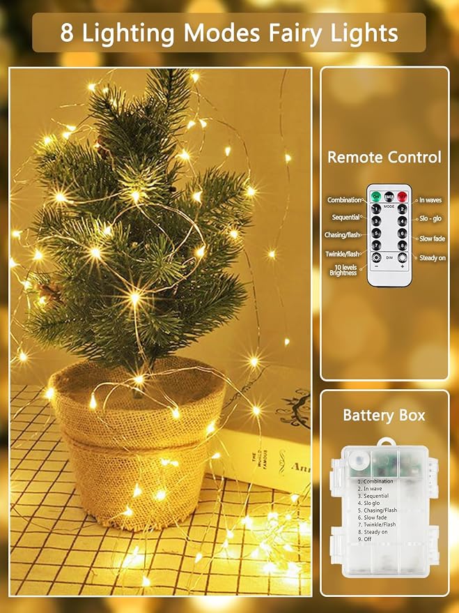 2 Pack 40FT 120LED Fairy Lights Battery Operated Lights Remote Warm White | 8 Modes, Timer, IP44 Waterproof, Bendable & Cuttable Wire, Twinkle String Light Indoor Outdoor Christmas Party Home DIY Decor