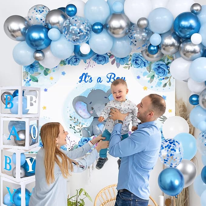 Golray 155pcs Elephant Baby Shower Decorations for Boy, Boxes with Letters/ Blue Balloon Garland Kit/ Backdrop/ Tablecloth/ Star, Elephant Kid Birthday Party Supplies Baby Boy Shower Decor