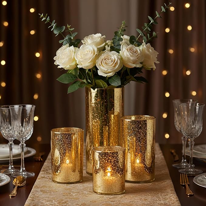 Willceka Gold Candle Holder Hurricane Candle Cylinder Vases for Centerpieces Set of 6 for Wedding Table Centerpiece