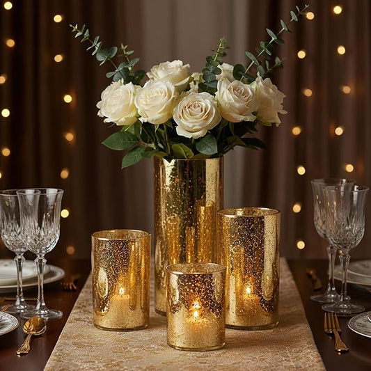 Willceka Gold Candle Holder Hurricane Candle Cylinder Vases for Centerpieces Set of 6 for Wedding Table Centerpiece
