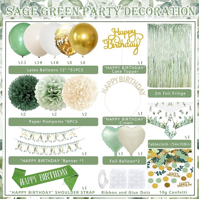 Birthday Decorations Set, Sage Green Party Decoration with Sage Green Balloons, Banner, Pom Poms, Fringe Curtain Background, Birthday Crown, Shoulder Strap for Girls Women Boho Party Supplies