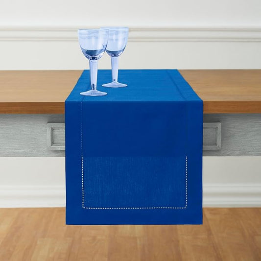 Solino Home Blue Table Runner 90 Inches Long - Cotton Linen Hemstitch 14 x 90 Inch Table Runner for Dining, Mothers Day