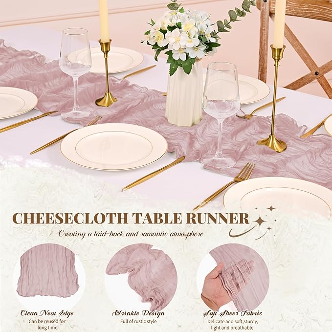 12 Pack Cheesecloth Table Runner,Dusty Pink Table Runner Long Romantic Semi Sheer Rustic Boho Gauze Table Runners for Wedding Bridal Shower Birthday Party Decorations(17.7×108 Inch)
