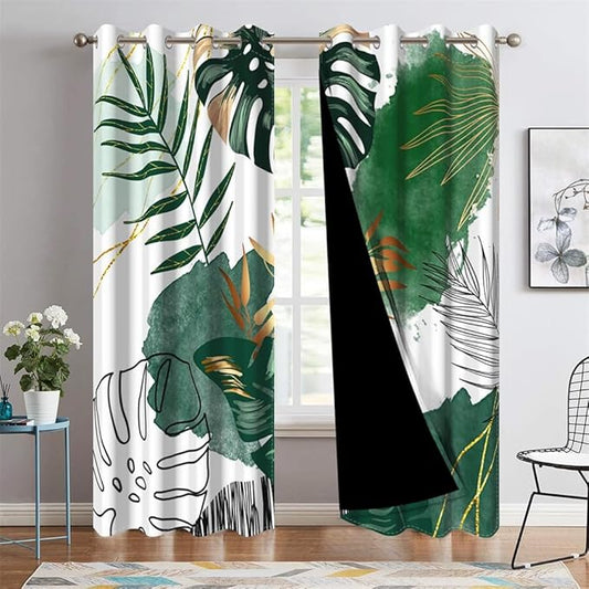 Tropical Green Palm Leaves Blackout Curtains Boho Style Mid Century Leaves Window Curtains Treatment Sets Living Bedroom Room Darkening Drapes Dining Room Kitchen Decor,42x84 inch,2 Panels