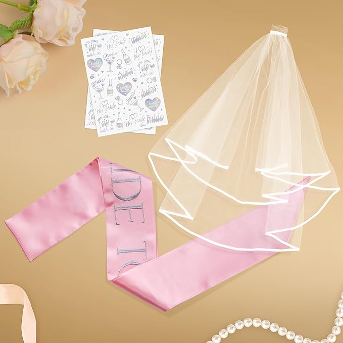 Elegant Bride to Be Sash Set – Embroidered Sash, Plain Veil & Temporary Tattoos – Bridal Shower Hen Night Bachelorette Party Accessories