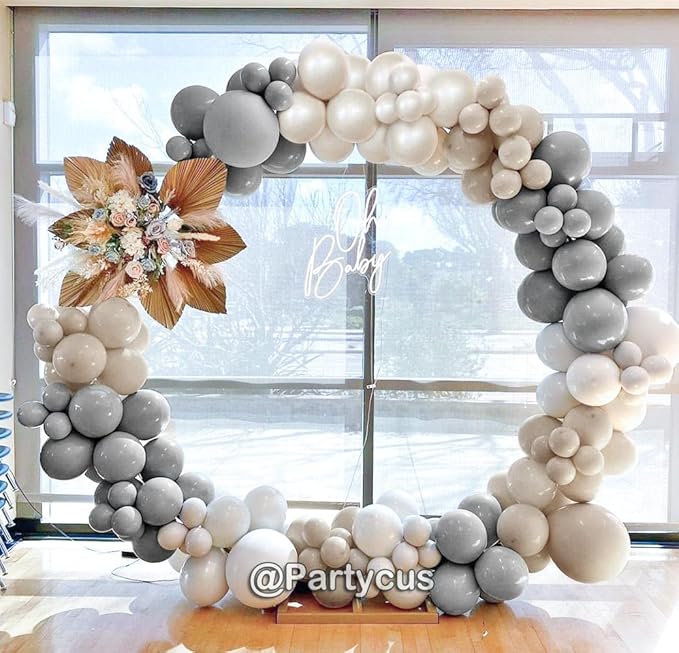 Grey White Sand Balloon Garland - Double Stuffed Beige Pearl White Neutral Balloon Arch Kit with Silver Color for Bridal Wedding Baby Shower Birthday Party Decoration