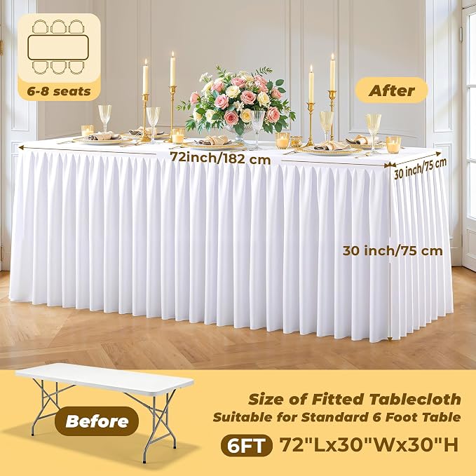 White Polyester Table Cloths for Rectangle 6 Foot Tables, 2 Pack Wrinkle Free Tablecloths Stretchy Banquet Ruffle Fitted Table Cover Desk Skirt for Parties Wedding Birthday Baby Shower