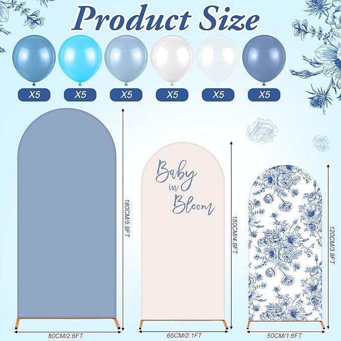 Foilswirl Baby in Bloom Balloon Arch Kit 34 Pcs Blue Baby Shower Party Decorations 4ft 5ft 6ft Blue and White Floral Spandex Arch Backdrop Cover with Balloons for Shower Decor