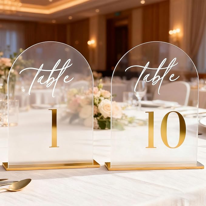 Arch Wedding Table Numbers 1-10 with Stands,5 x 8 Inch Transparent Acrylic Reception Table Signs Golden Letters,Perfect for Wedding Receptions, Parties, Anniversaries, and Events (1-10 golden)