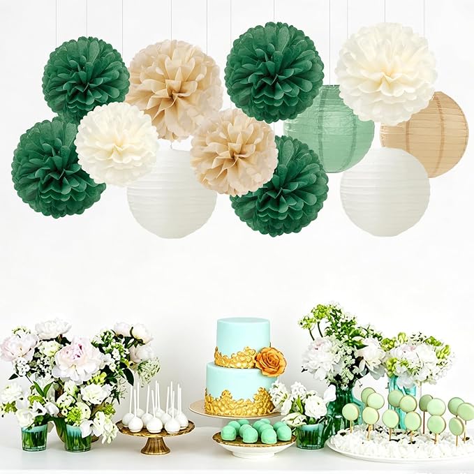 Sage-Green Gold Party-Decorations Paper-Flowers Lanterns - 15pc Boho White Champagne Tissue Pom Poms Streamers,Birthday Bachelorette Bridal Baby Shower Engagement Wedding Graduations Decor Panduola
