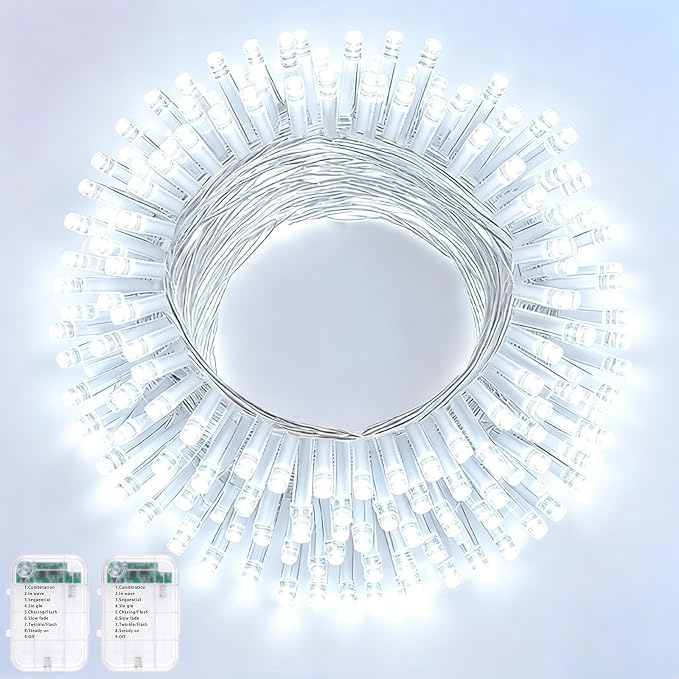 Pooqla 2 Pack String Lights Battery Operated, Total 33.3ft 100 LED Fairy Lights Indoor Outdoor Decorations, 8 Modes Cool White Battery Christmas Lights for Bedroom Classroom Porch Party Yard Decor