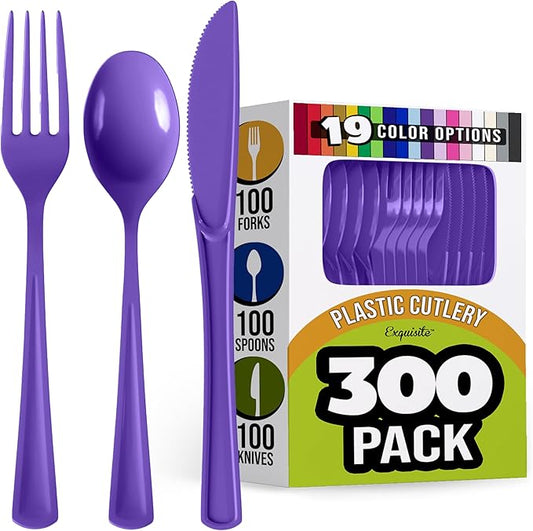 Party Solids Purple Plastic Silverware Heavy Duty 300 Pieces Purple Disposable Silverware Heavy Duty, Utensil Sets, 100 Of Each Forks, Knives & Spoons Disposable Cutlery Set For Party Supplies