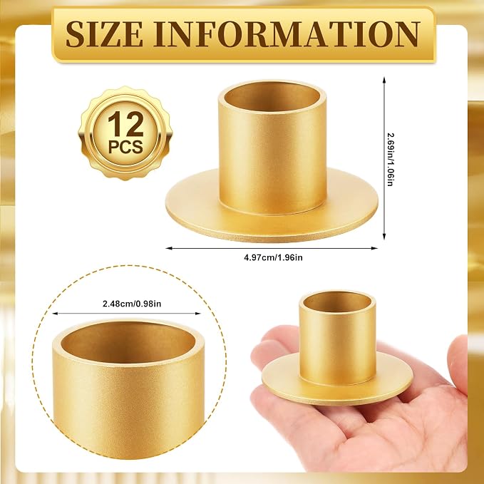 12 Pcs Gold Metal Taper Candle Holders Bulk for Wedding Pillar Candles Taper Candlesticks Holders Centerpieces Short Candle Stick Dinner Decor for Party Anniversary Dinning Table Gift (12, Gold)