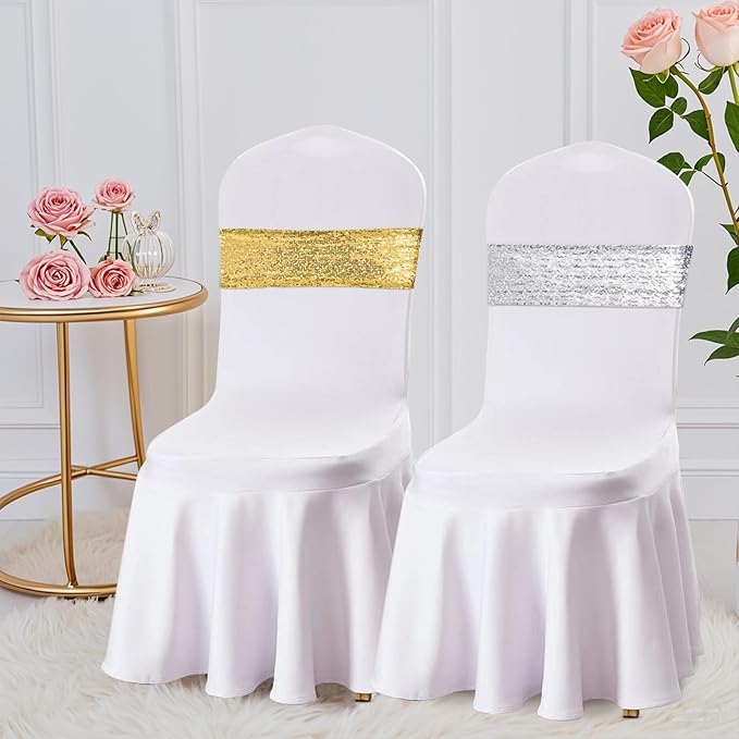 Eternal Beauty Set of 30 Gold Sequin Chair Bands Bows Chair Sashes for Wedding Folding Chairs