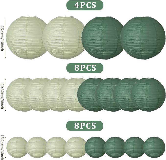 20Pcs Paper Lanterns Decorative, Hunter Green and Sage Green Round Hanging Paper Lanterns Decorations for Rustic Party Bridal Shower Wedding Birthday Home Decor