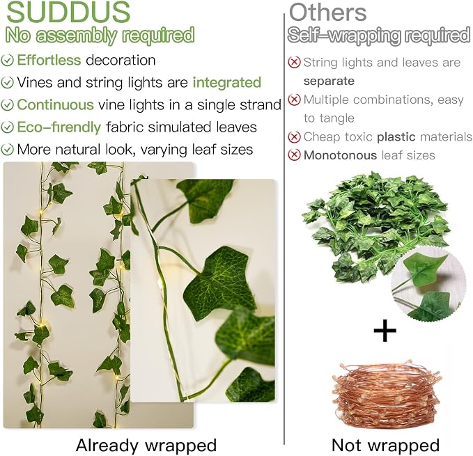 suddus Vine with Fairy Lights Battery Operated, 13.1ft 40 LED Ivy String Light with Remote, Leaf Lights for Bedroom, Room, Wall, Garden, Party, Wedding Dorm Decor (Warm White)