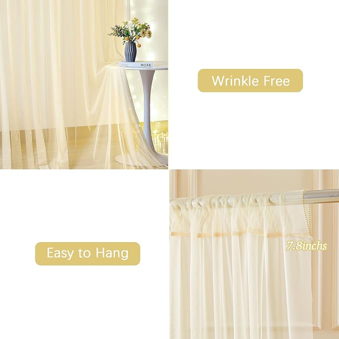 Champagne Sheer Tulle Backdrop Curtains with Lights String for Party Wedding Wrinkle Free Curtain Backdrops Drapes for Baby Shower Birthday Party Photo Back Drop Background Home Decorations 10ft x 8ft