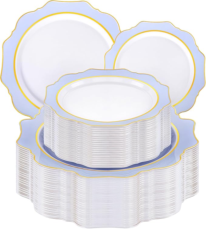 WDF 100PCS Blue Plastic Plates - Light Blue Plates Disposable - Heavy Duty Scalloped Plastic Plate for Parties/Wedding/Baby Shower