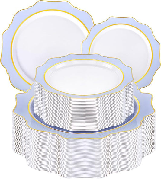 WDF 100PCS Blue Plastic Plates - Light Blue Plates Disposable - Heavy Duty Scalloped Plastic Plate for Parties/Wedding/Baby Shower