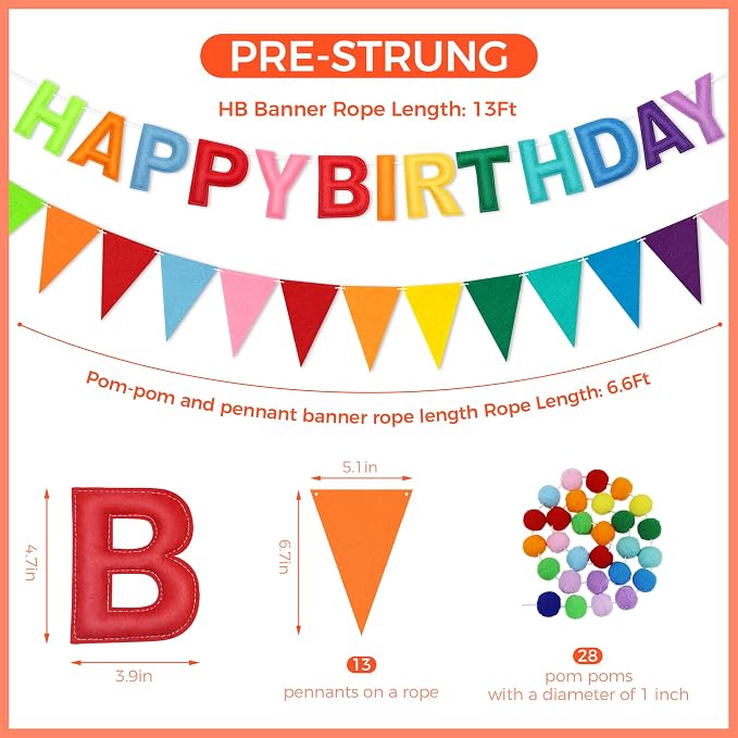 Happy Birthday Banner Set, Pre-Strung 3D Felt Birthday Banner with Pom Pom Garland and Triangle Bunting, Reusable Colorful Birthday Decorations for Party Backdrop Decor