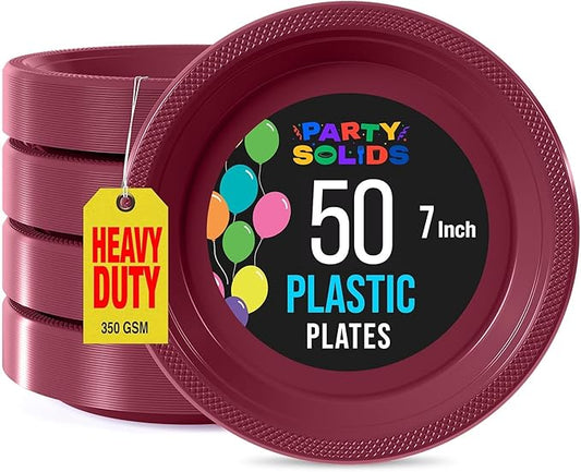 Exquisite Party Solids Burgundy Plastic Plates For Party Supplies 7" Burgundy Disposable Plates Heavy Duty 50 Pcs Plastic Dinnerware Sets Heavy Duty 350 GSM Disposable Dinnerware Set