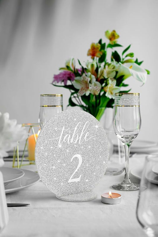 Wedding Table Numbers 1-20, table numbers signs, with Self Standing Base 5.1 x 5 inches, Silver Glitter Table Numbers Sparkle with light, ideal for Wedding Receptions, Parties and Special Events