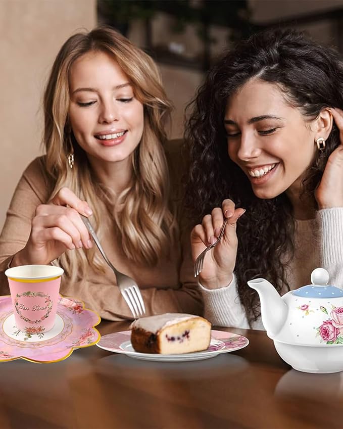 240 Pcs 48 SetsTea Party Supplies Floral Paper Tea Cups and Saucers, Disposable Teacup with Handle, 9'' ＆ 7'' Paper Plate Napkin, for Birthday, Baby Shower, Wedding Father's Day Decorations