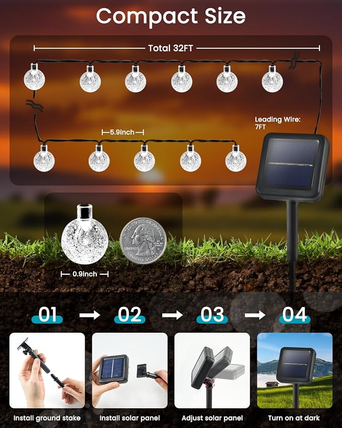 LORRYTE Solar String Lights Outdoor - 50 LED 32FT Waterproof White Solar Powered Crystal Globe Lights for Outside with 8 Lighting Modes for Patio Decorations, Garden, Party, Porch, Wedding, Yard