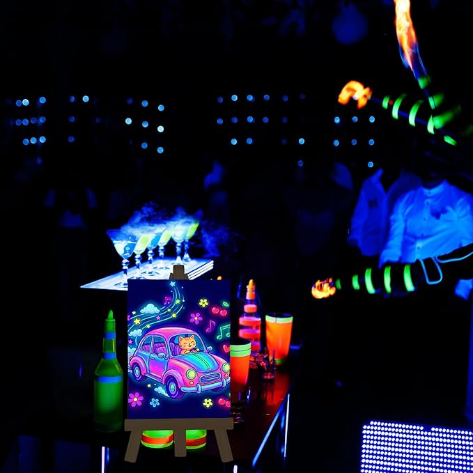 Tosstuki 24 Set Glow in the Dark Party Supplies Glow in Dark Paint Kit 3.9" x 5.9" Canvas for Painting with Wooden Easel Paint Brush Kit for DIY Crafts Rainbow Light up Birthday Luminous Party Favors