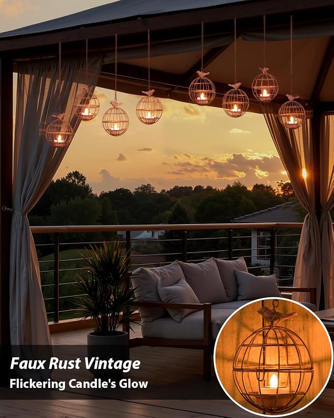 Outdoor Solar Hanging Lantern Lights, 4 Pack Rustic Ball Birdcage Hanging Candle Holder with Solar Tea Lights, Outdoor Waterproof Decorations for Patio, Backyard, Pergola, Tree Decor (Dark Orange)