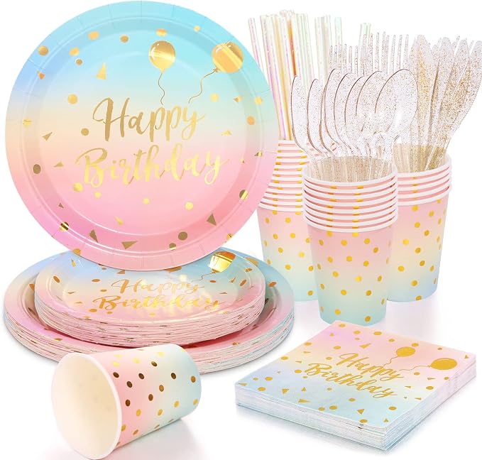 200 Pcs Pastel Party Supplies Birthday Party Plates and Napkins Sets,Disposable Pastel Birthday Plates - Rainbow Paper Plates Napkins Cups for Birthday Baby Shower Party Decorations