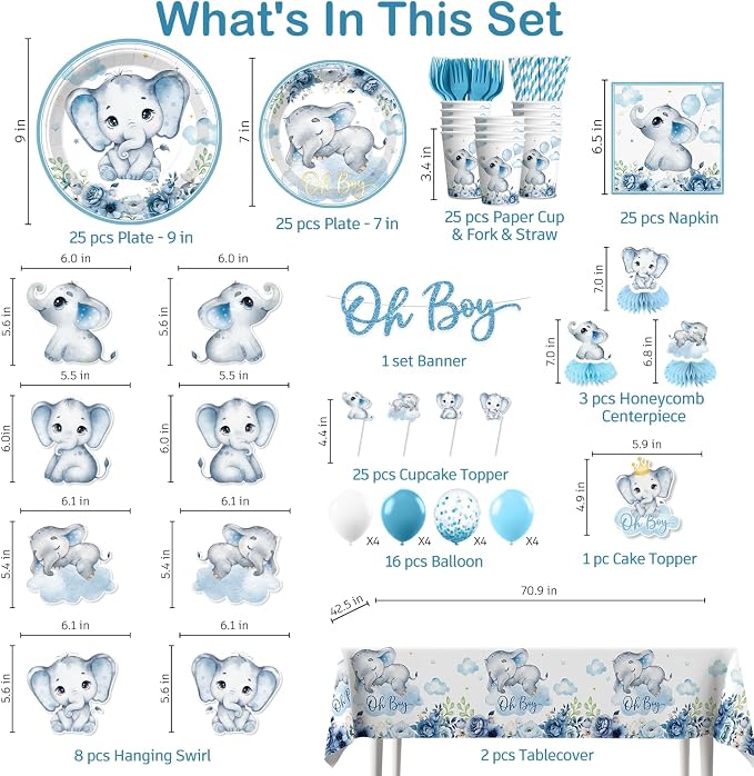 Xynic 206pcs Elephant Baby Shower Decorations Complete tableware Set, for 25 Guests, Blue Elephant party Decorations, Disposable Plates and Napkins, Banner, Tablecloth for Baby Shower Decoration Boy