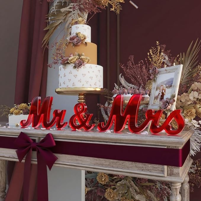 Mr & Mrs Sign for Wedding Table Decor,Large Acrylic Mr and Miss Sign,Photo Props, Freestanding Wedding Centerpiece Table Letters Wedding Decorations for Anniversary,Engagement,Party (Translucent Red, 0.78'')