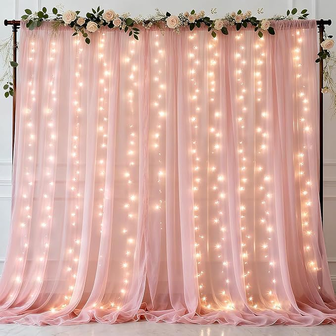 Ledido 10×10ft Pink Tulle Backdrop Curtains with Lights String - 300LED Fairy Lights Sheer Curtain Backdrop for Wedding Baby Shower Photo Shoot Birthday Party Decoration(2 Panels 5×10ft)，Pink