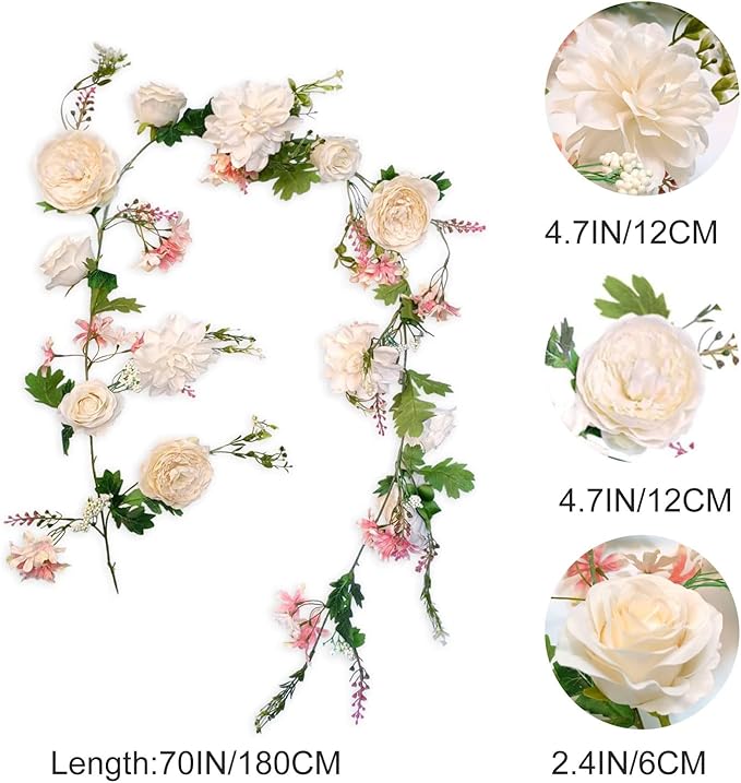 Artificial Peony Garland, 180cm/6FT Length, Fake Rose Vines, Center Flower Decoration, Hanging Silk Flowers for Wedding Decor Home Table Runner Mantle Party Decor (Champagne Peony Garland)