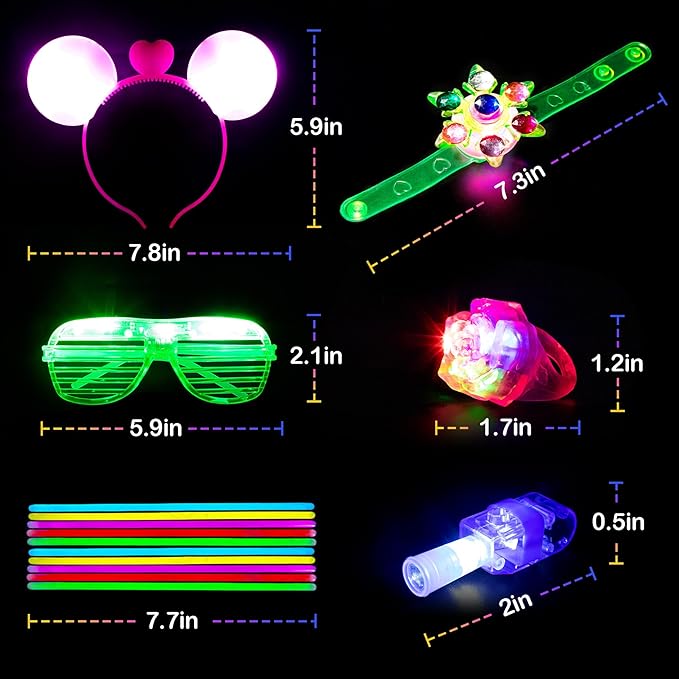 Mocoosy 103PCS Glow in the Dark Party Supplies, Light Up Party Favors for Kids, Halloween Carnival Neon Toys Bulk Party Pack With Glow Sticks, Glasses, LED Bracelets, Finger Lights, Ring, Headbands