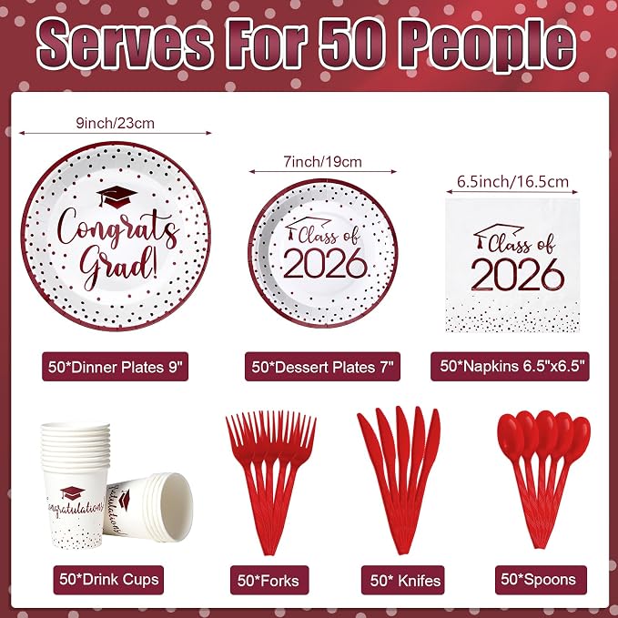 350pcs Class of 2026 Graduation Plates and Napkins Set, Disposable Paper Plate Set Polka Dots Napkins Cups Knife Fork Spoon for Graduation Party Decorations and Supplies,Serve 50 (White Maroon)