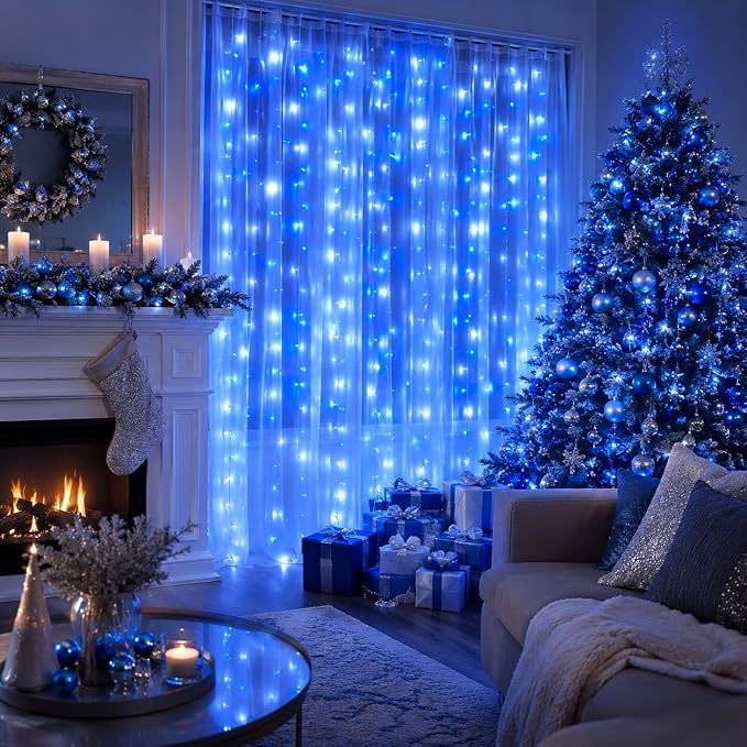 HEYFUNi Fairy Curtain Lights Plug in, 304 LED 9.8FT x 9.8FT, Blue & White | 8 Modes Backdrop Window Lights for Bedroom, Hanging String Lights for Christmas, Party, Patio, Lawn, Garden, Wedding Decor